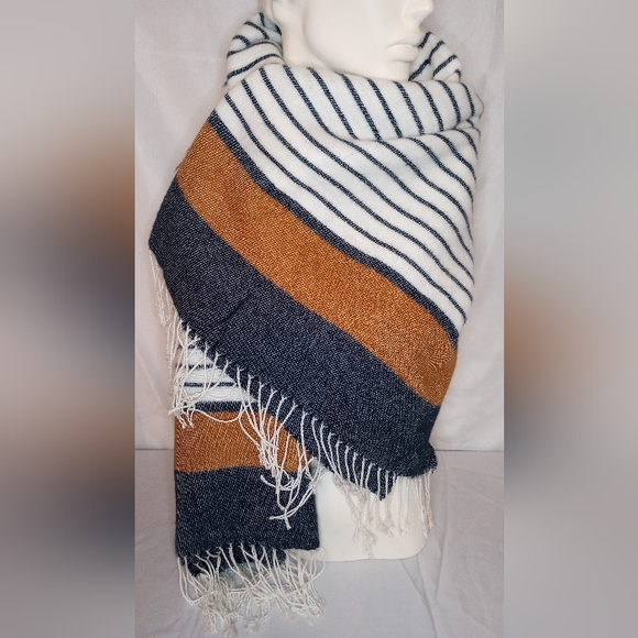 Abercrombie & Fitch Accessories - Abercrombie & Fitch Blanket Scarf Tassels Fringe Denim Blue Camel Stripe New